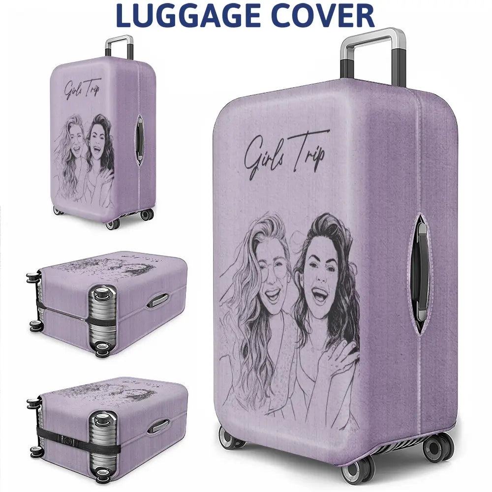 Custom Photo Pencil Sketch Couple Besties Family Pet Funny Portrait - Personalized Luggage Cover