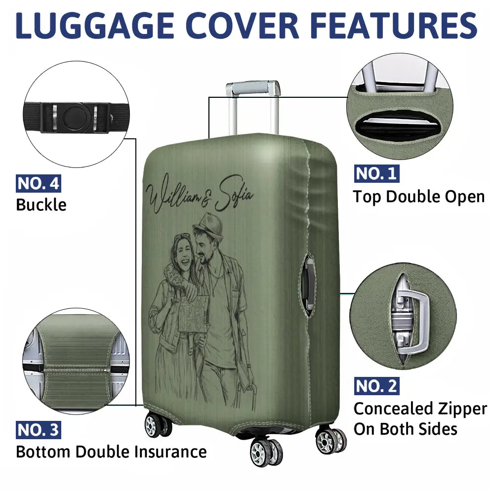 Custom Photo Pencil Sketch Couple Besties Family Pet Funny Portrait - Personalized Luggage Cover
