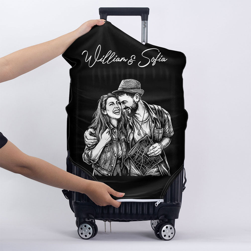Custom Photo Pencil Sketch Couple Besties Family Pet Funny Portrait - Personalized Luggage Cover