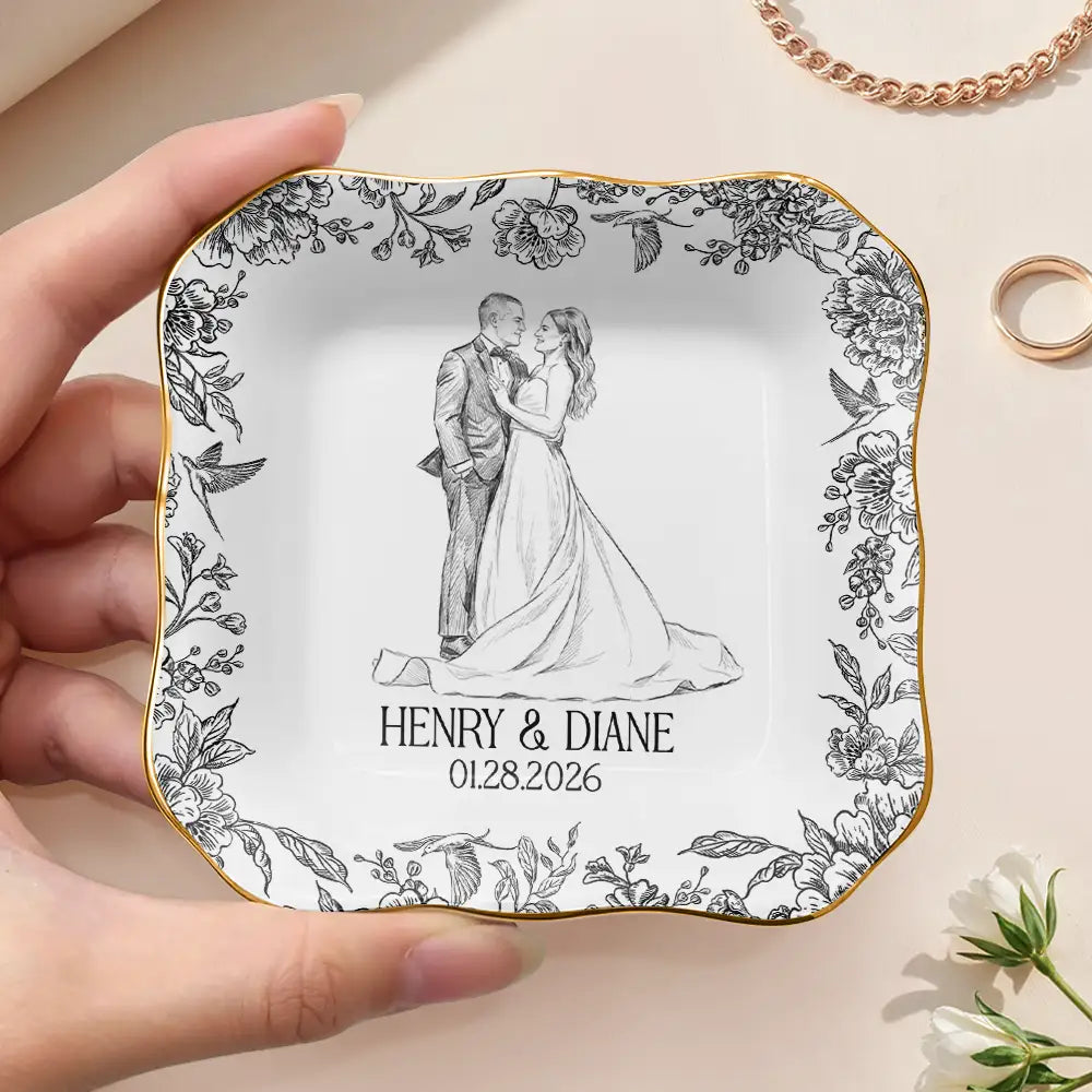 Custom Photo Pencil Sketch Couple Wedding Anniversary - Personalized Ring Dish