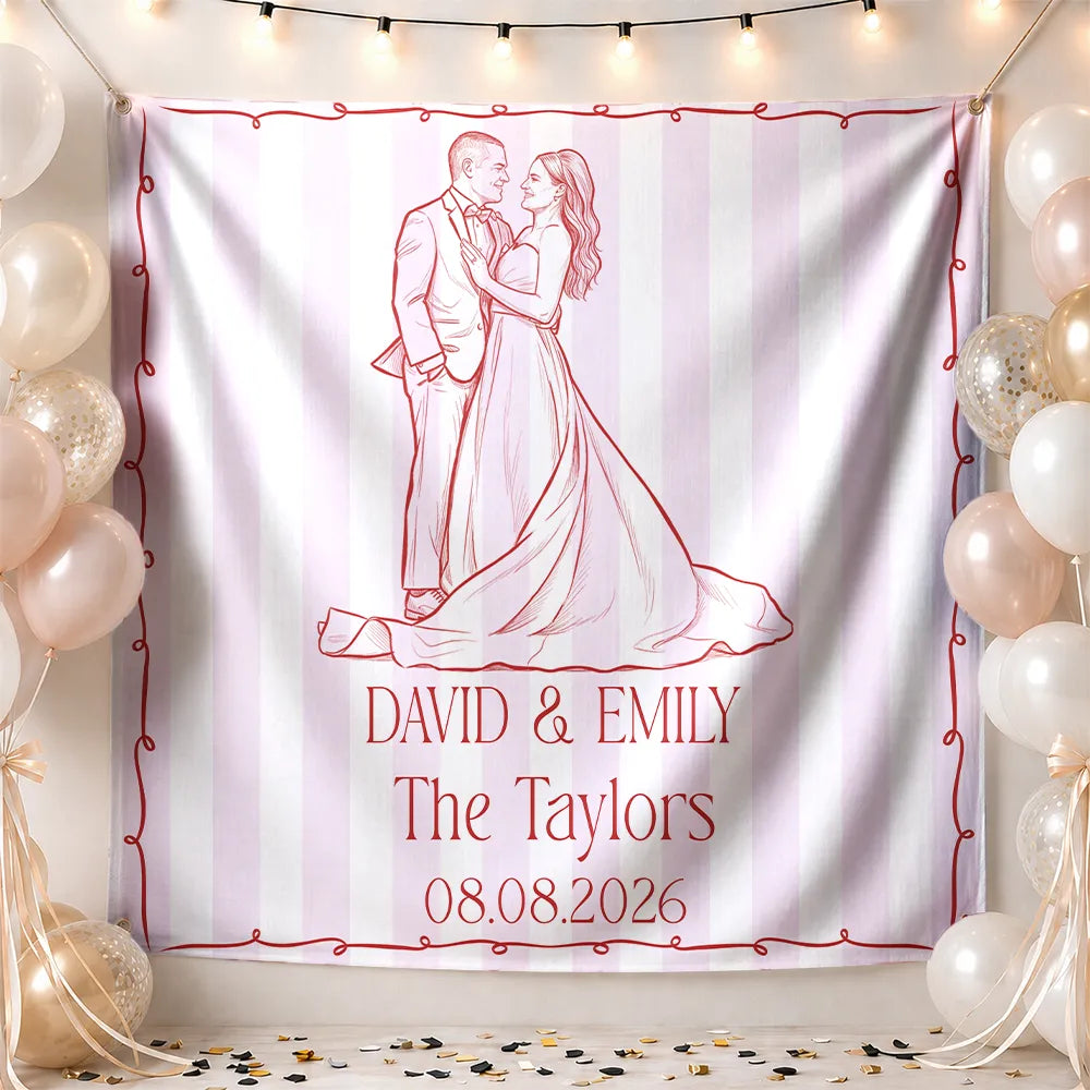 Custom Photo Pencil Sketch Couples Wedding Engaged Bachelor Party - Personalized Backdrop