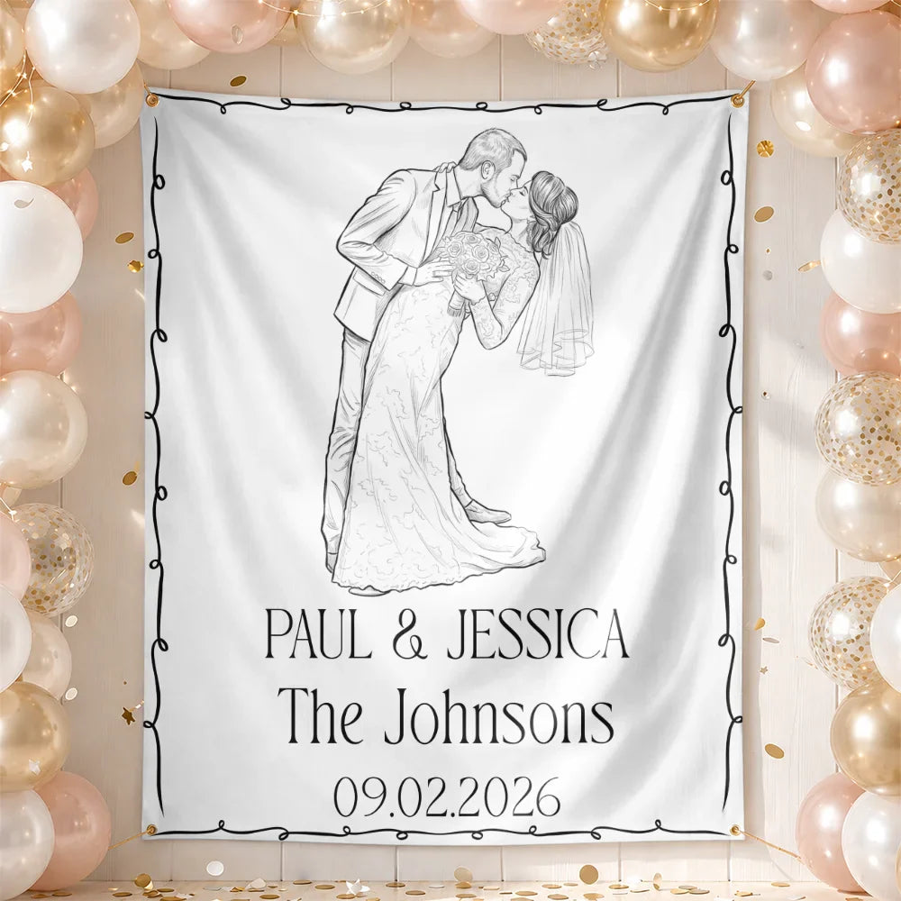 Custom Photo Pencil Sketch Couples Wedding Engaged Bachelor Party - Personalized Backdrop