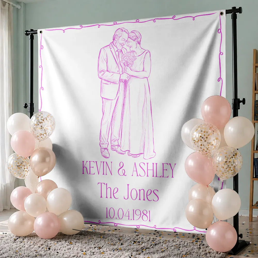 Custom Photo Pencil Sketch Couples Wedding Engaged Bachelor Party - Personalized Backdrop