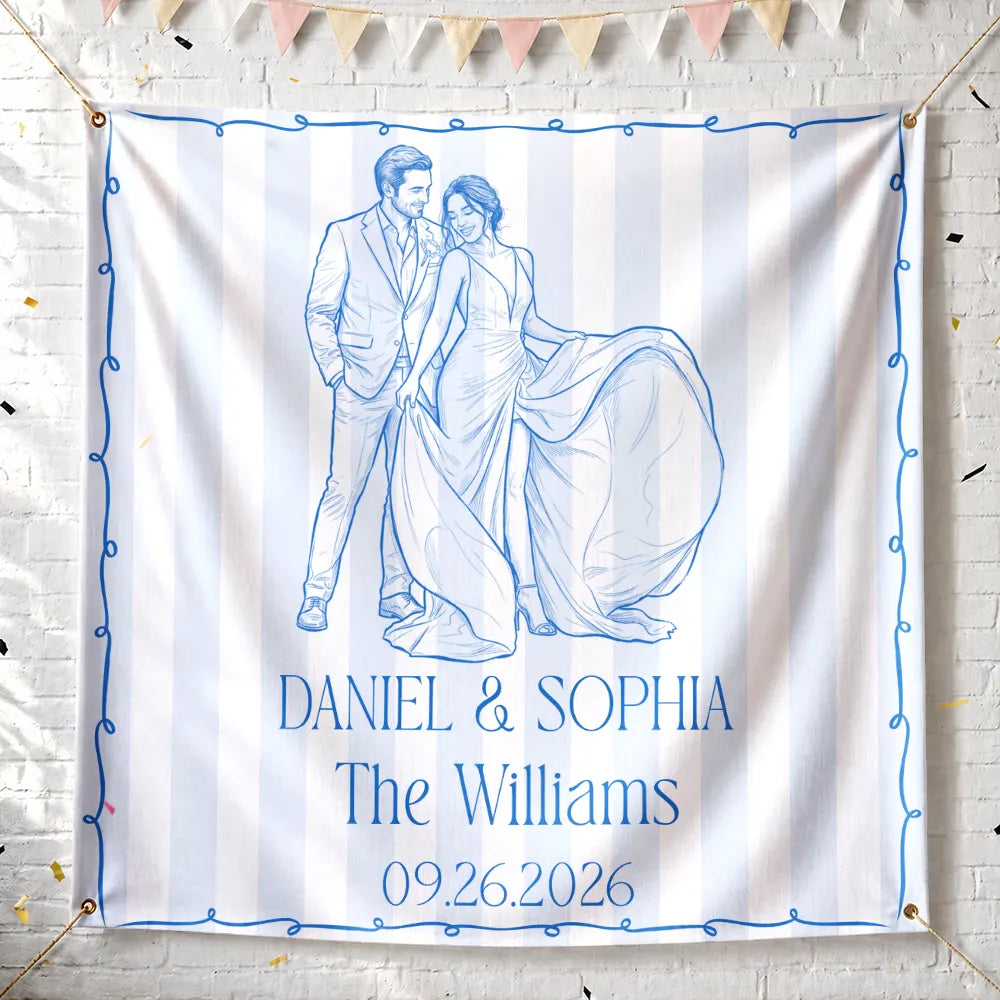 Custom Photo Pencil Sketch Couples Wedding Engaged Bachelor Party - Personalized Backdrop