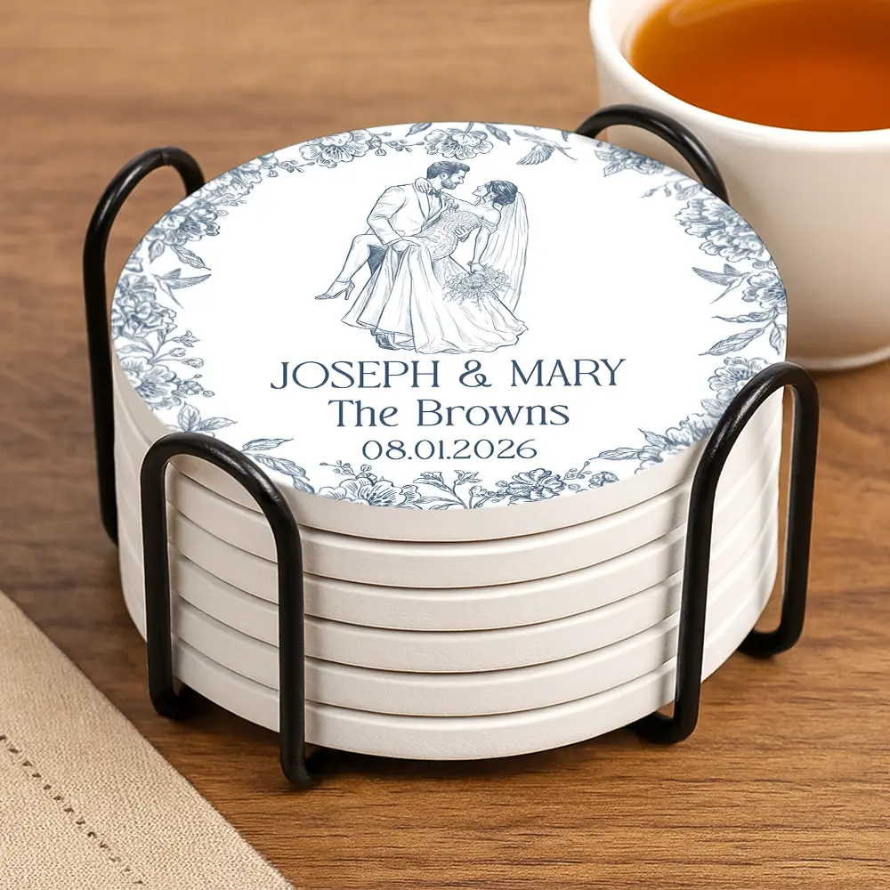 Custom Photo Pencil Sketch Couples Wedding Engaged Bachelor Party - Personalized Ceramic Coaster