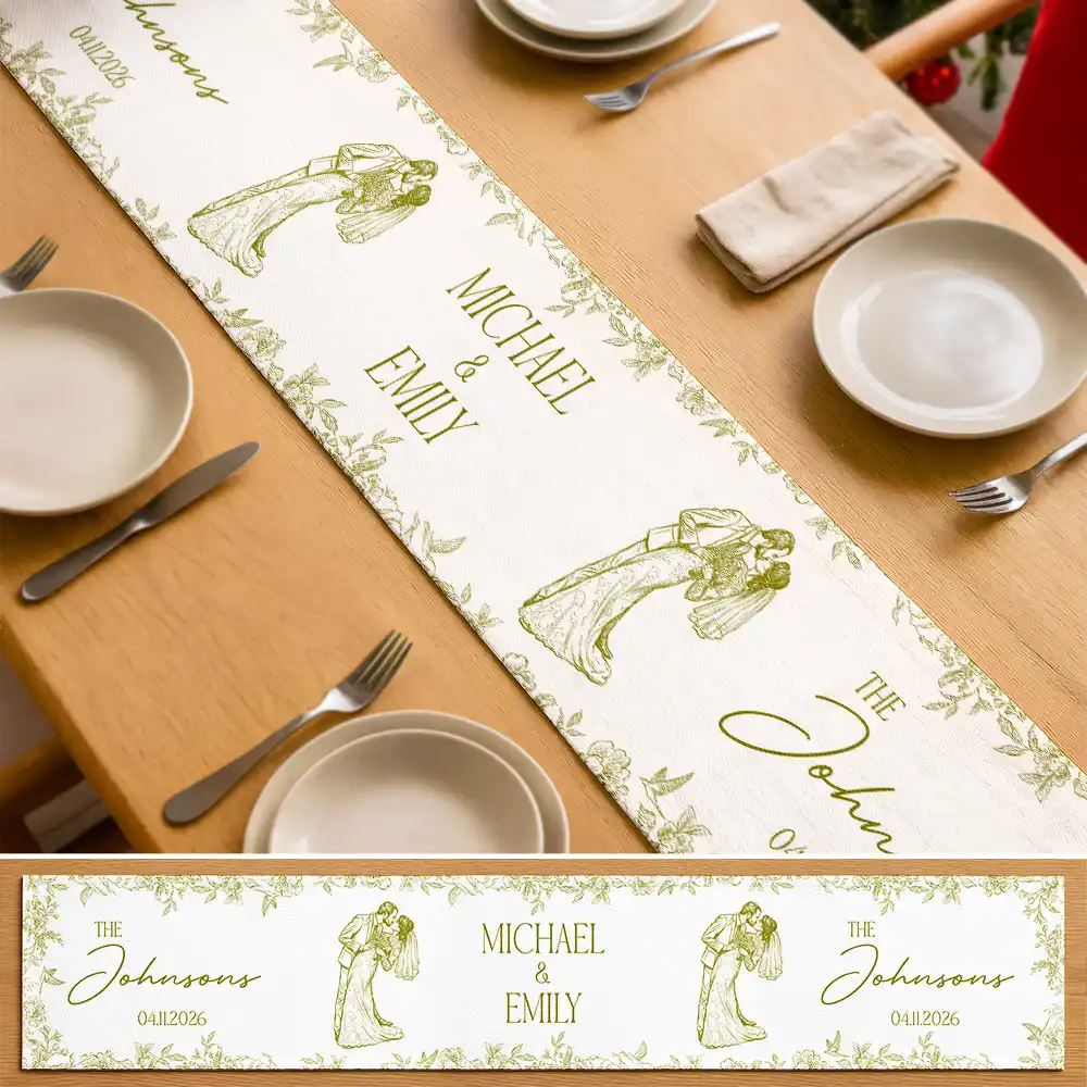 Custom Photo Pencil Sketch Couples Wedding Engaged Bachelor Party - Personalized Table Runner