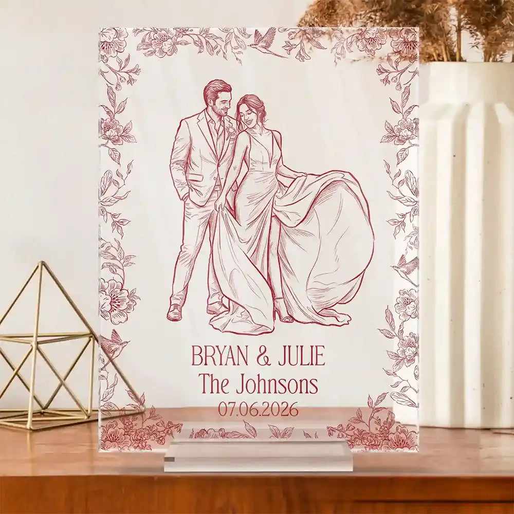 Custom Photo Pencil Sketch Couples Wedding Engaged Bachelor Party - Personalized Vertical Rectangle Acrylic Plaque