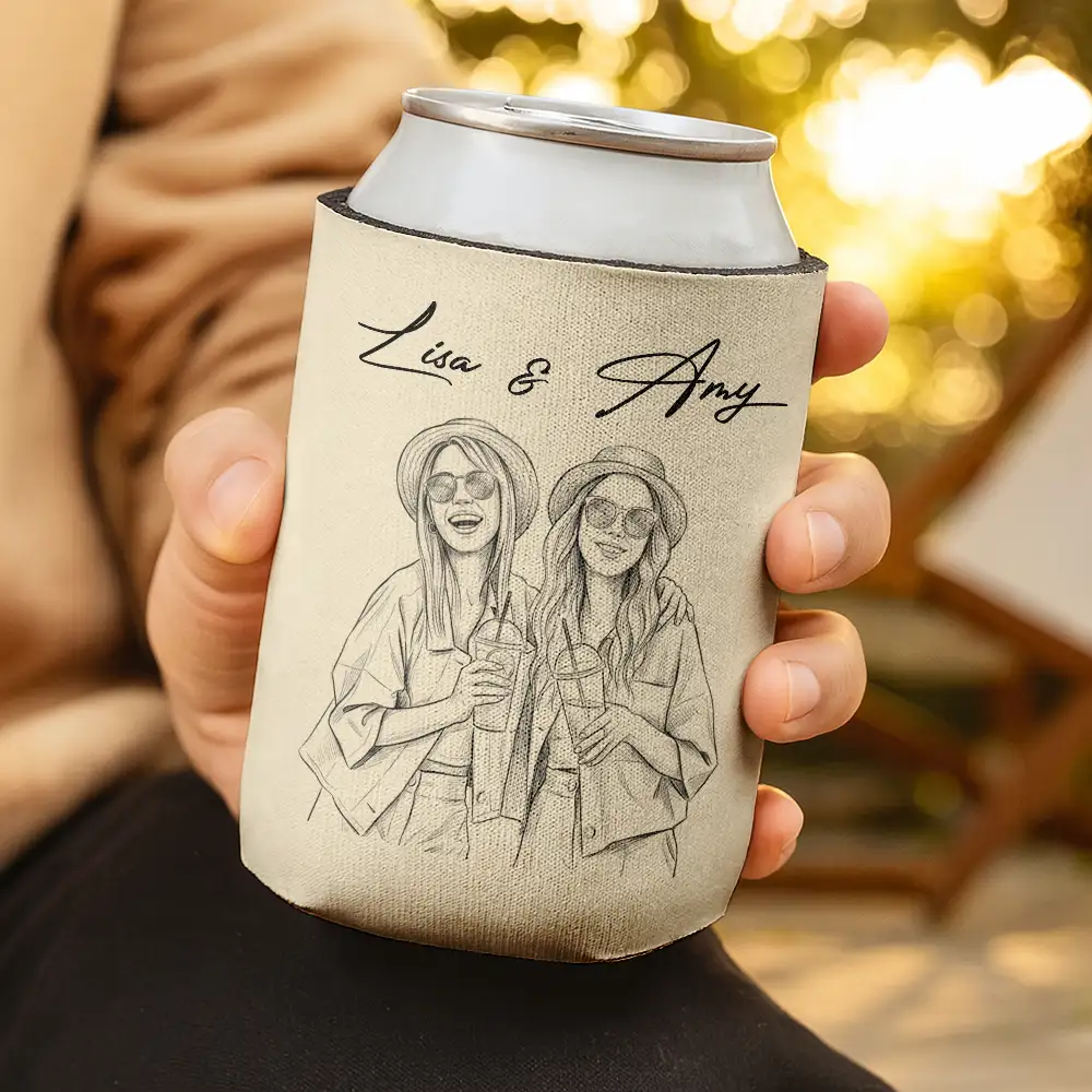 Custom Photo Pencil Sketch Friends Family Pet Funny Portrait - Personalized Can Cooler Sleeve