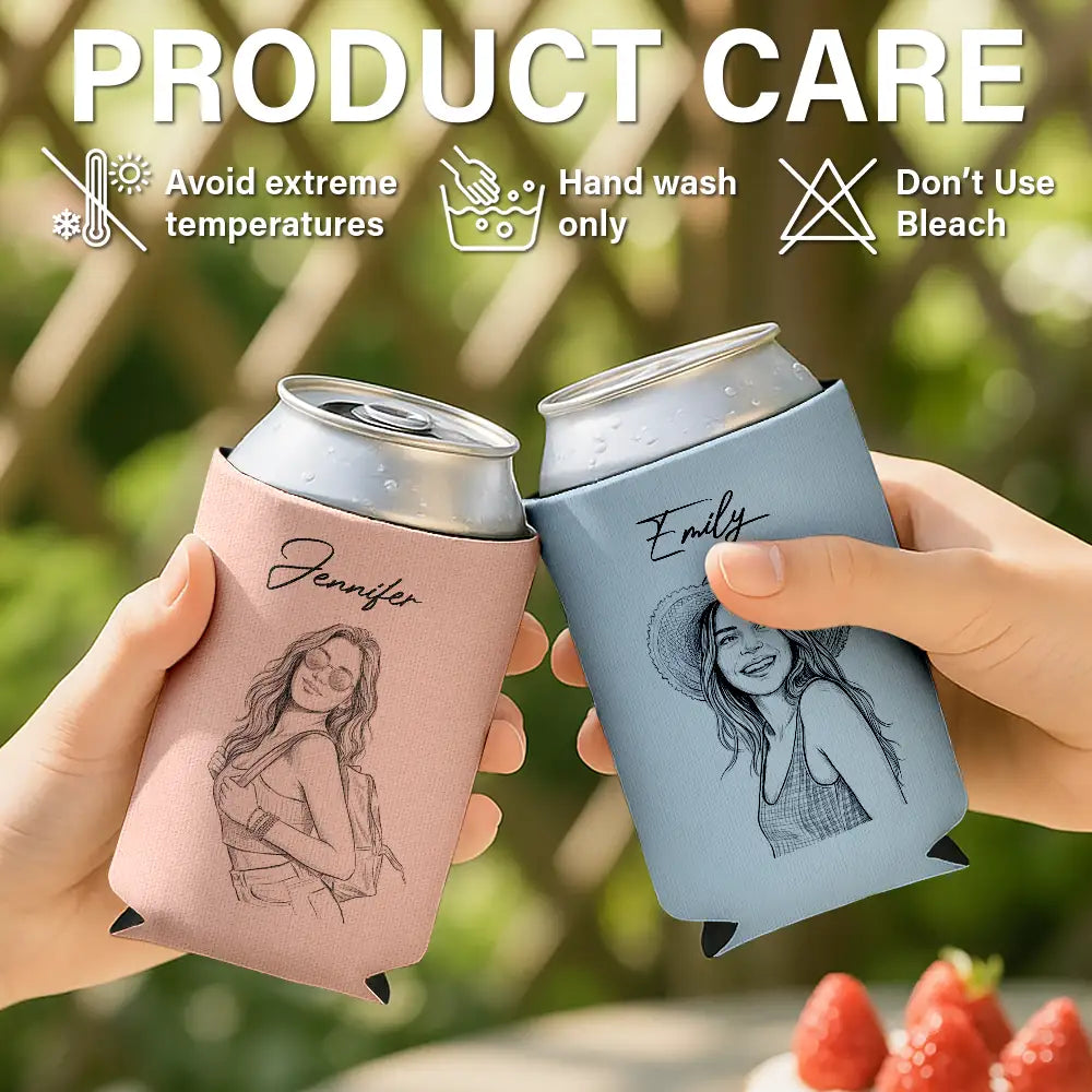 Custom Photo Pencil Sketch Friends Family Pet Funny Portrait - Personalized Can Cooler Sleeve