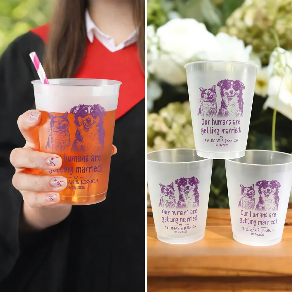 Custom Photo Pencil Sketch My Humans Are Getting Engaged Married - Personalized Frosted Cups