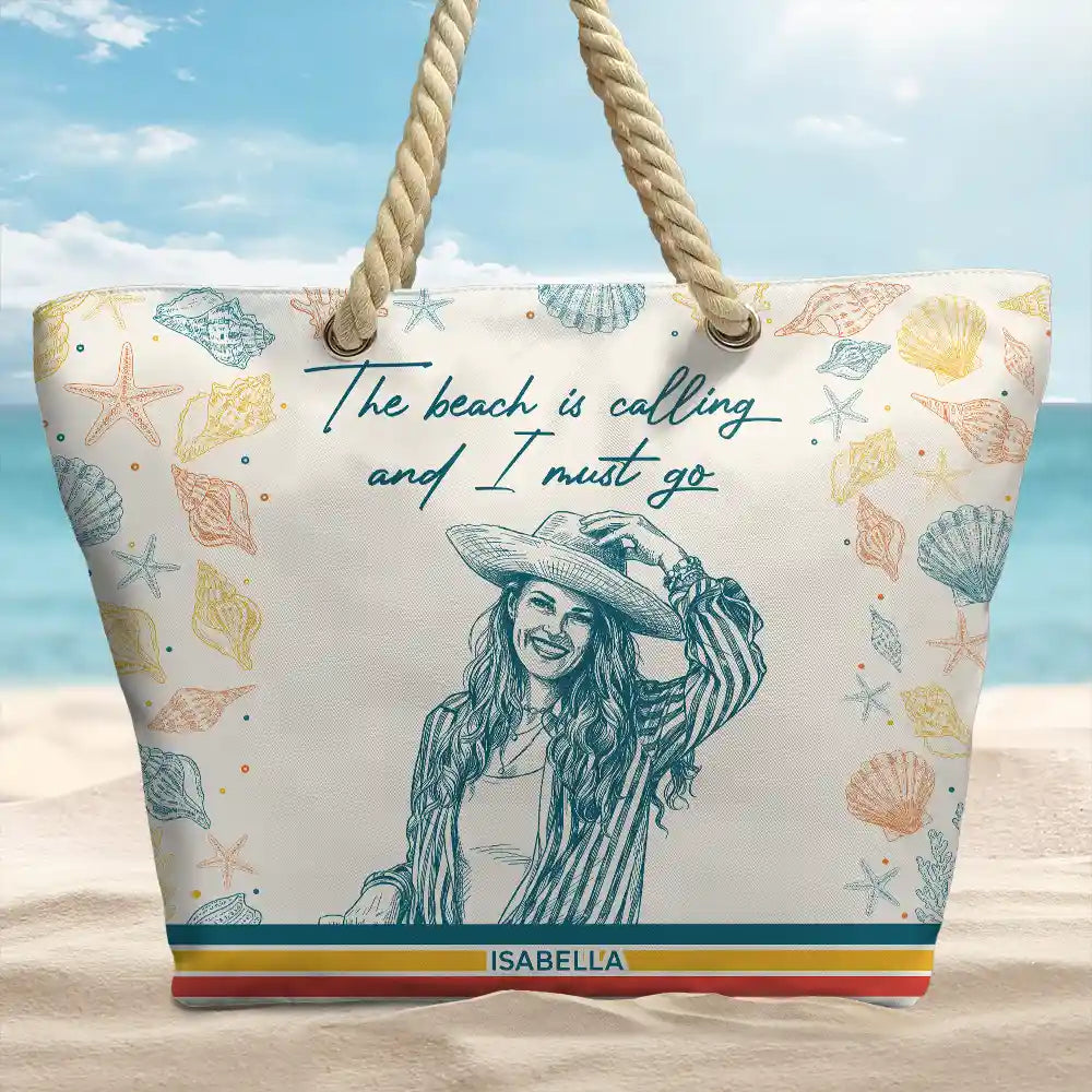 Custom Photo Pencil Sketch Retro Style A Girl Who Loves Beaches - Personalized Beach Bag