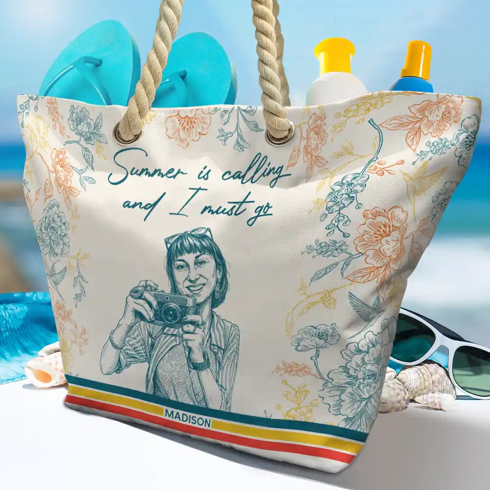 Custom Photo Pencil Sketch Retro Style A Girl Who Loves Beaches - Personalized Beach Bag