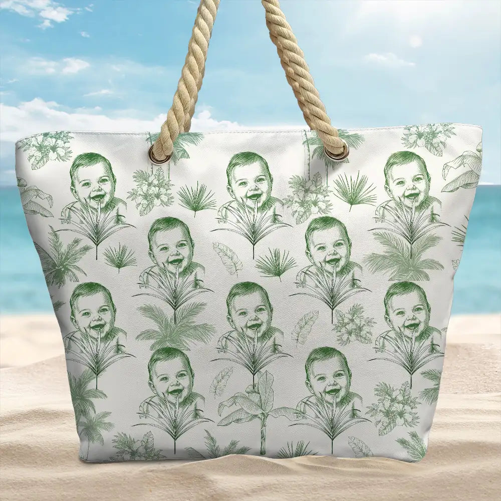 Custom Photo Pencil Sketch Toile De Jouy Pattern Family Pet - Personalized Beach Bag