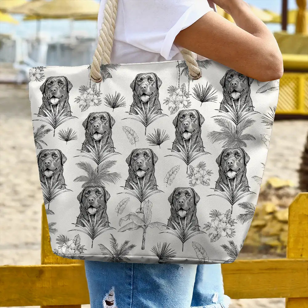 Custom Photo Pencil Sketch Toile De Jouy Pattern Family Pet - Personalized Beach Bag