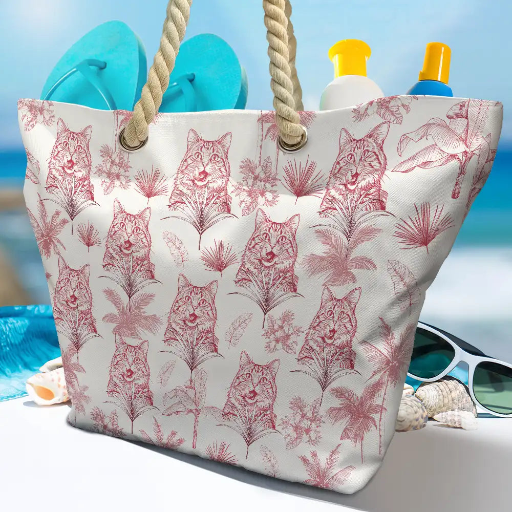 Custom Photo Pencil Sketch Toile De Jouy Pattern Family Pet - Personalized Beach Bag