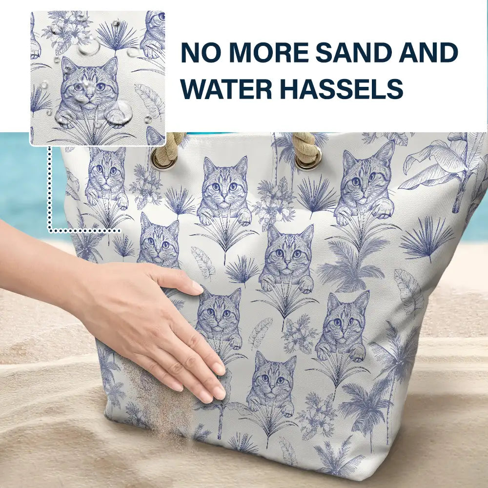 Custom Photo Pencil Sketch Toile De Jouy Pattern Family Pet - Personalized Beach Bag