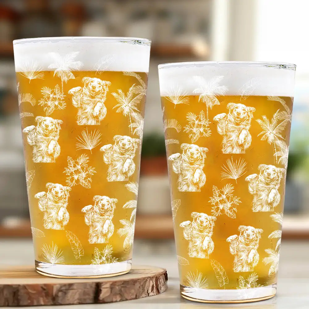 Custom Photo White Pencil Sketch Art Toile De Jouy With Tropical Pattern - Personalized Beer Glass