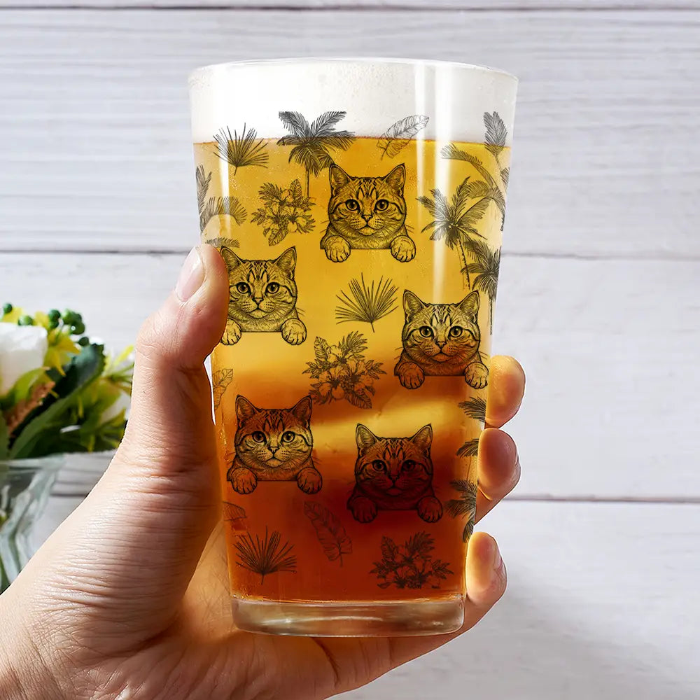 Custom Photo White Pencil Sketch Art Toile De Jouy With Tropical Pattern - Personalized Beer Glass