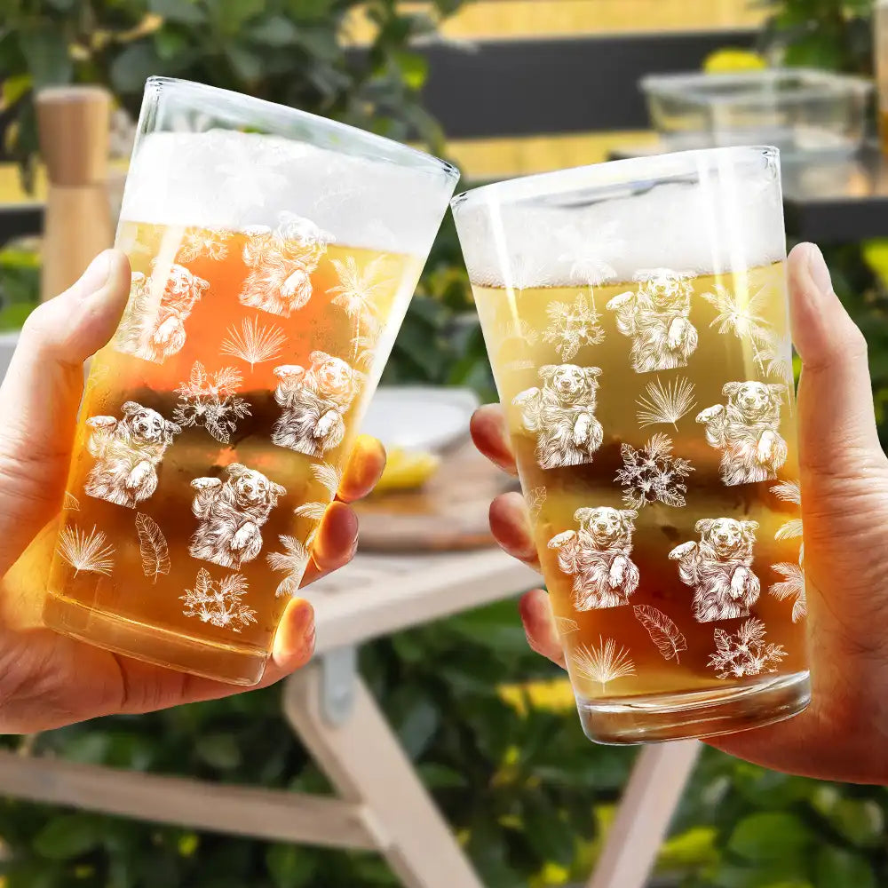 Custom Photo White Pencil Sketch Art Toile De Jouy With Tropical Pattern - Personalized Beer Glass