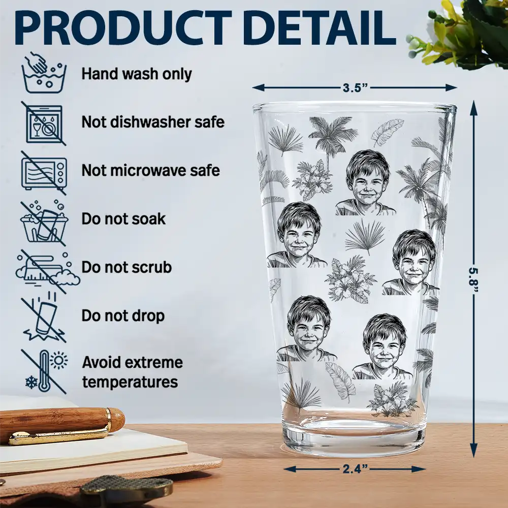 Custom Photo White Pencil Sketch Art Toile De Jouy With Tropical Pattern - Personalized Beer Glass