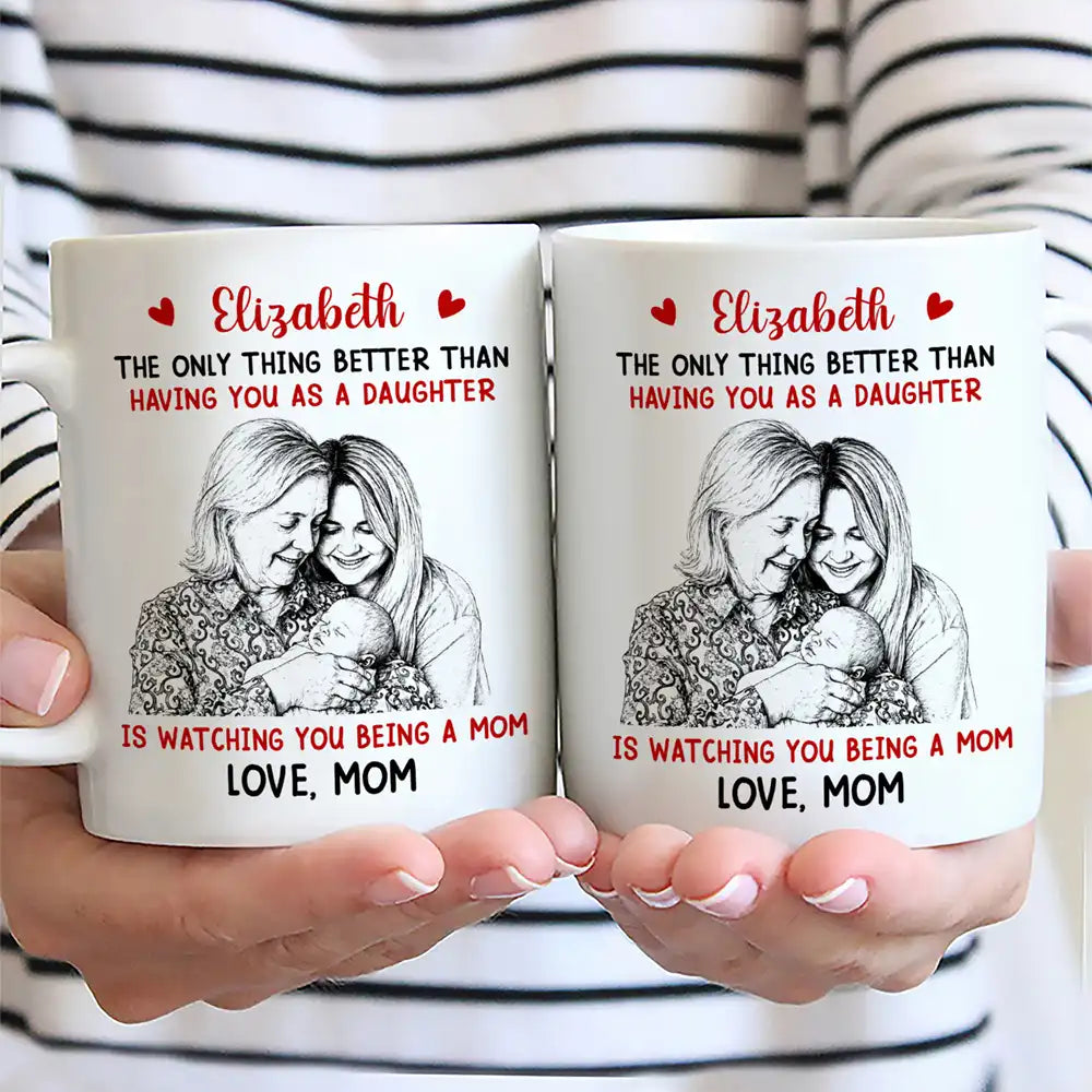Custom Photo Pencil Sketch Watching You Being A Mom - Personalized Mug