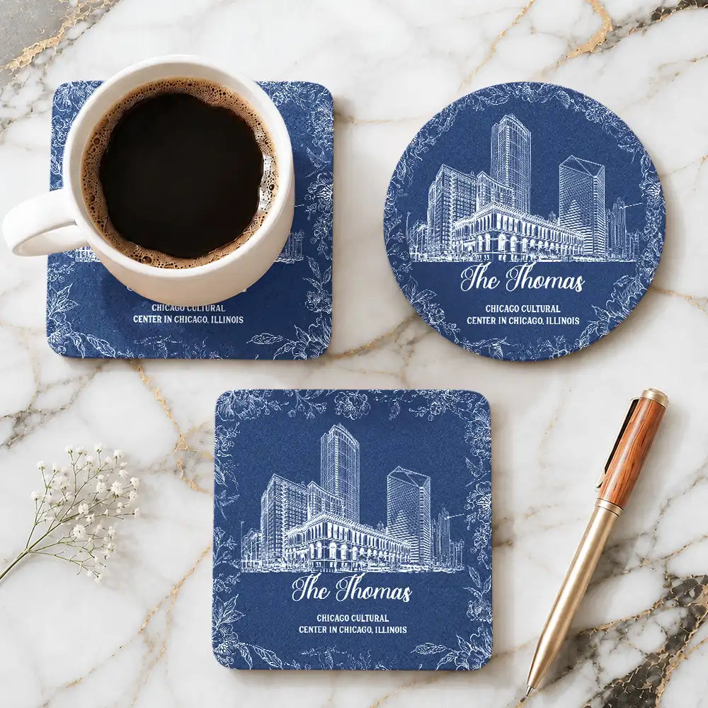 Custom Photo Pencil Sketch Wedding Venue Illustration - Personalized Cork Coaster
