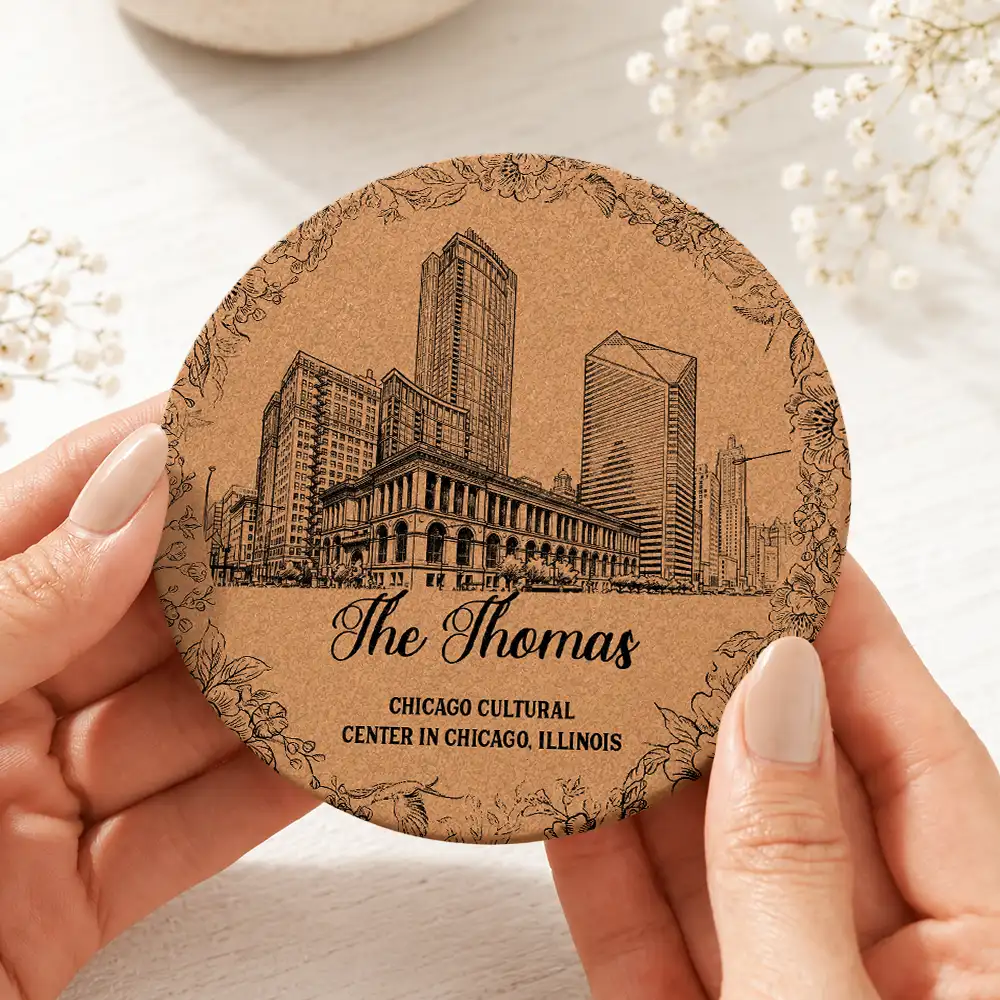 Custom Photo Pencil Sketch Wedding Venue Illustration - Personalized Cork Coaster
