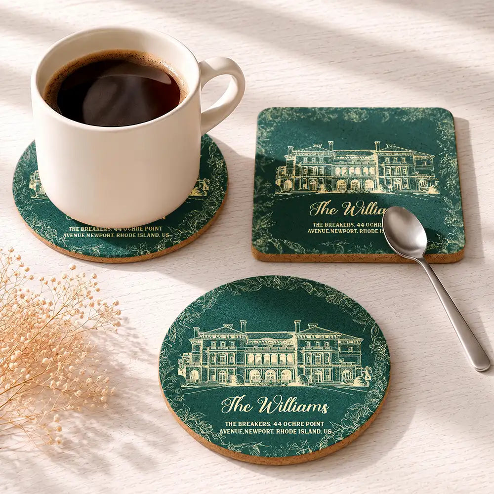 Custom Photo Pencil Sketch Wedding Venue Illustration - Personalized Cork Coaster