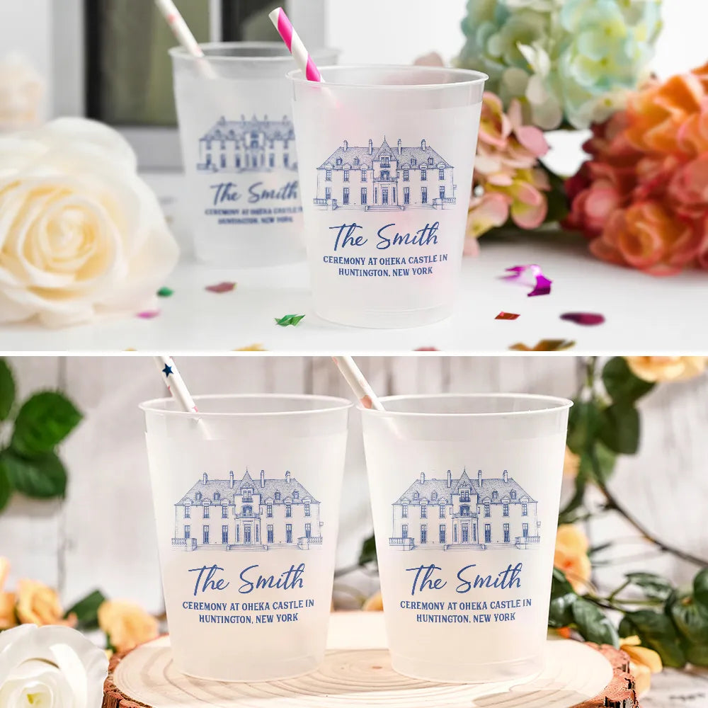 Custom Photo Pencil Sketch Wedding Venue Illustration - Personalized Frosted Cups