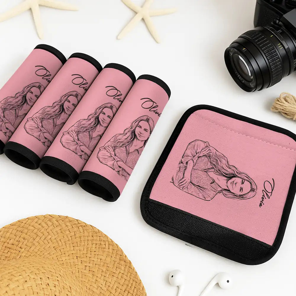 Custom Photo Pencil Sketch Woman Man Dog Cat Funny Portrait - Personalized Luggage Handle Wrap