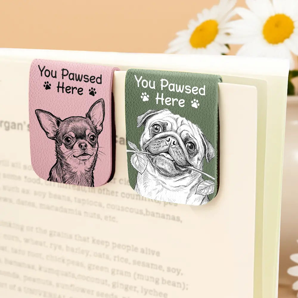 Custom Photo Bold Sketch You Pawsed Here - Personalized Leather Magnetic Bookmark