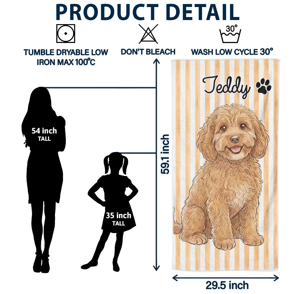 Custom Photo Colored Pencil Sketch Cute Dog Cat Stripe Pattern - Personalized Beach Towel
