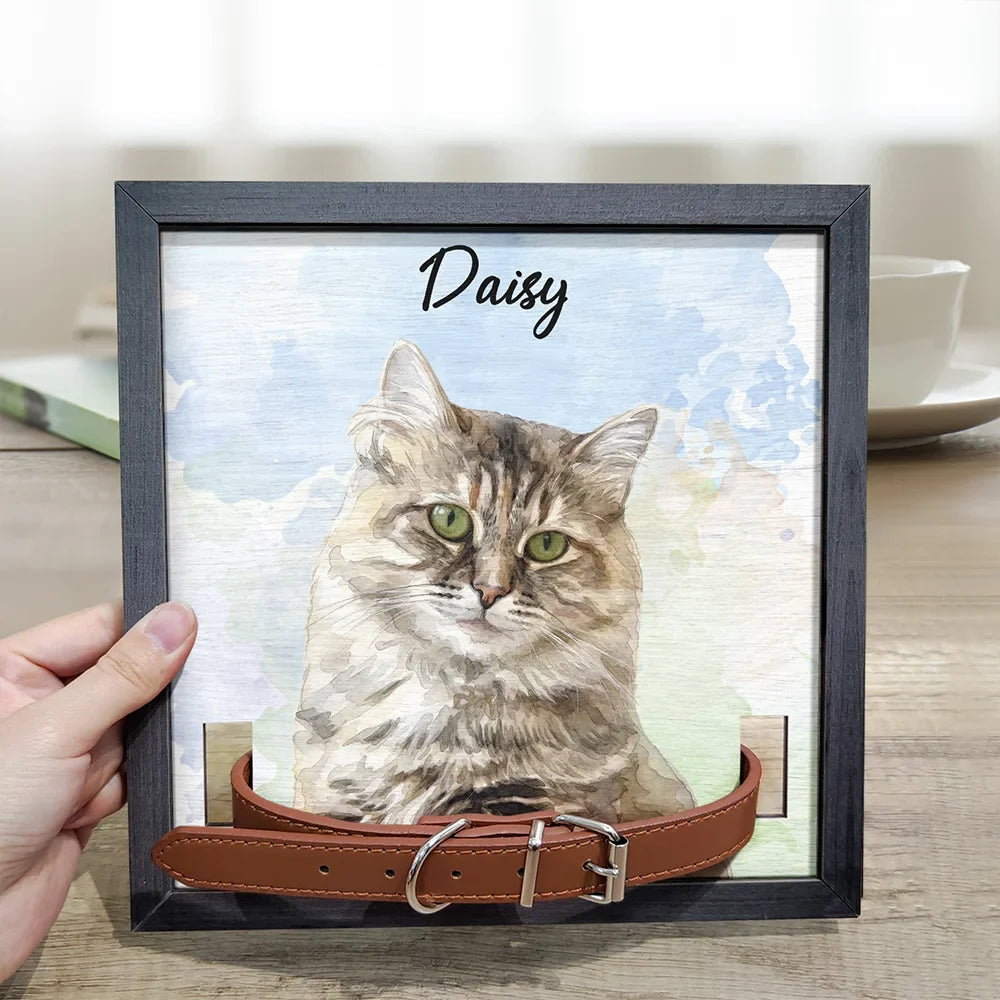 Custom Photo Realistic Watercolor Art Dog Cat Portrait Memorial - Personalized Pet Loss Sign, Collar Frame