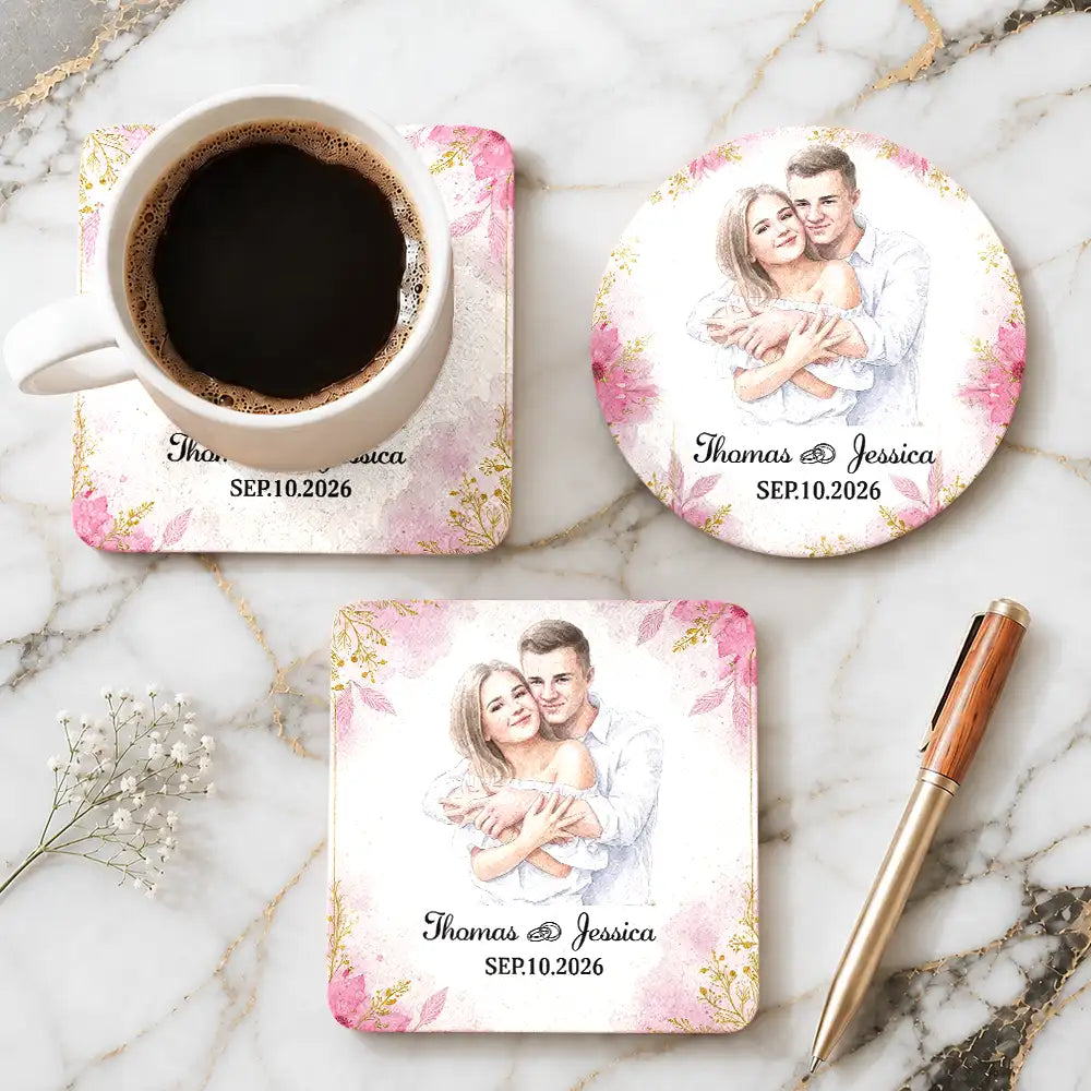 Custom Photo Realistic Watercolor Art Happy Wedding Couple Romantic - Personalized Cork Coaster