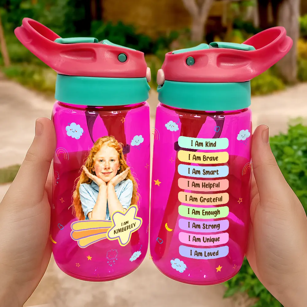 Custom Photo Realistic Watercolor Art I Am Affirmations - Personalized Kids Water Bottle With Straw