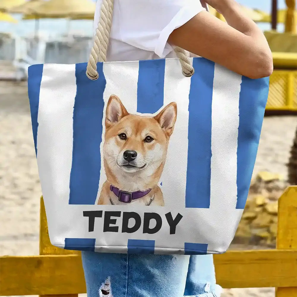 Custom Photo Realistic Watercolor Art Pet Portrait Pet Mom - Personalized Beach Bag