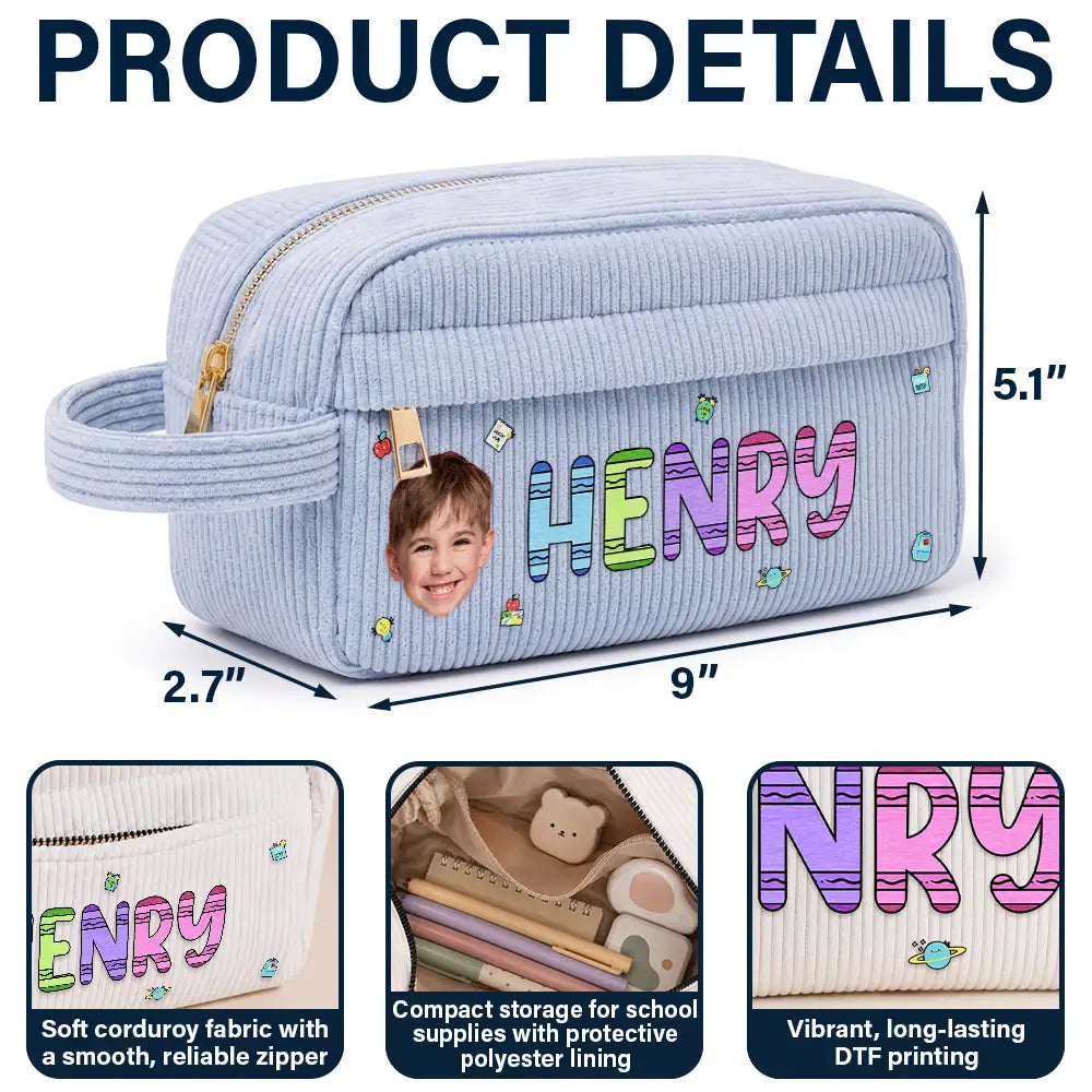 Custom Photo School Kids' Back To School - Personalized Corduroy Pencil Case