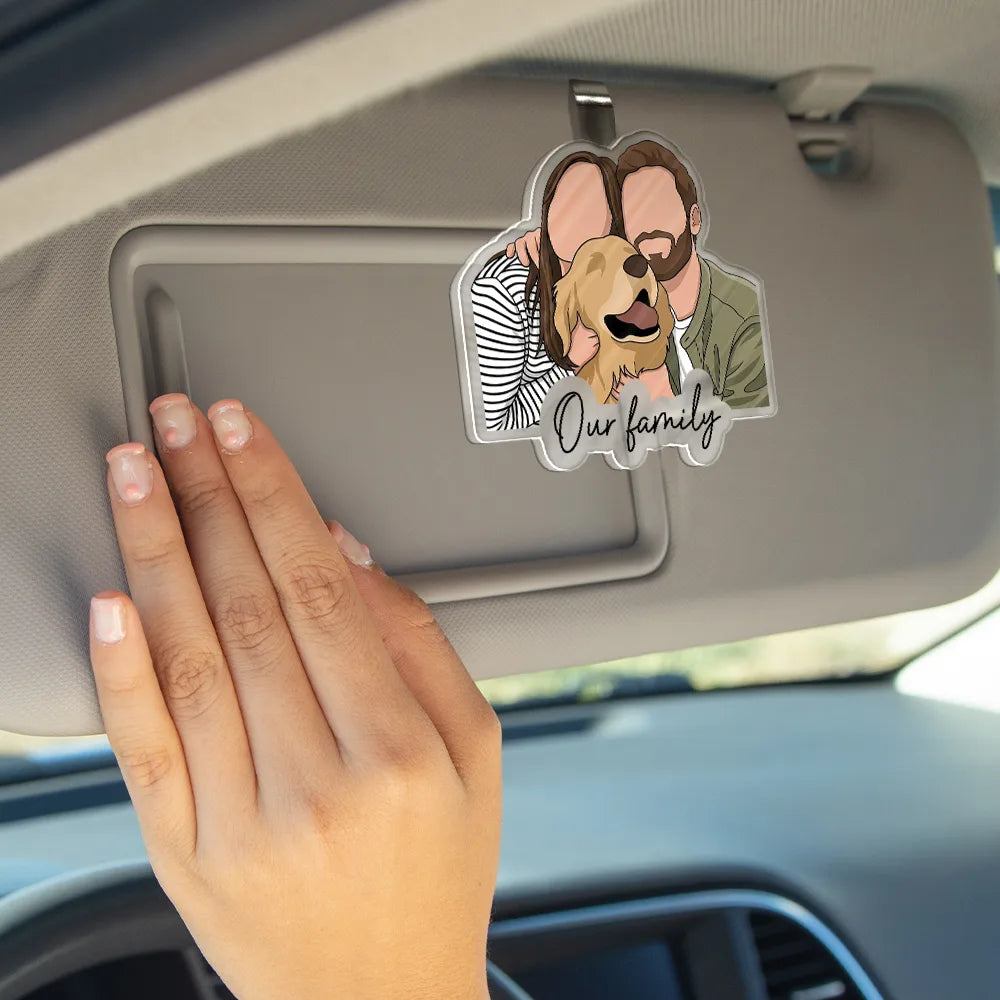 Custom Photo Semi Realistic Portrait Family Couple Pet Lovers Portrait - Personalized Custom Shaped Acrylic Car Visor Clip