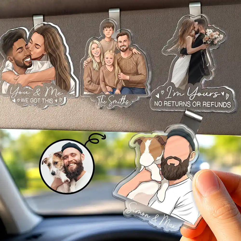Custom Photo Semi Realistic Portrait Family Couple Pet Lovers Portrait - Personalized Custom Shaped Acrylic Car Visor Clip