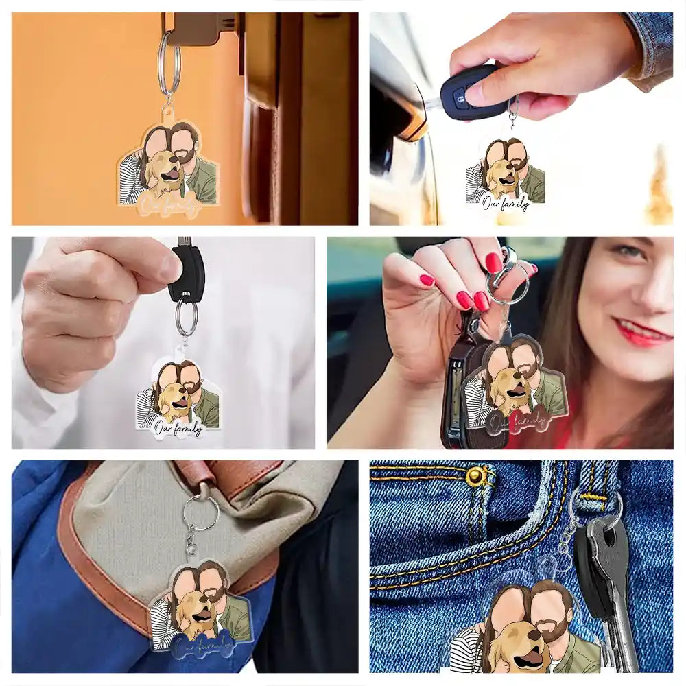 Custom Photo Semi Realistic Portrait Family Couple Pet Lovers Portrait - Personalized Acrylic Keychain