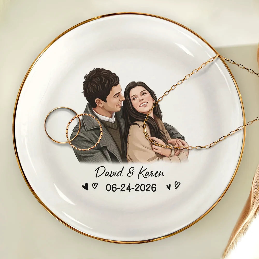Custom Photo Semi Realistic Portrait Happy Couple Anniversary - Personalized Ring Dish