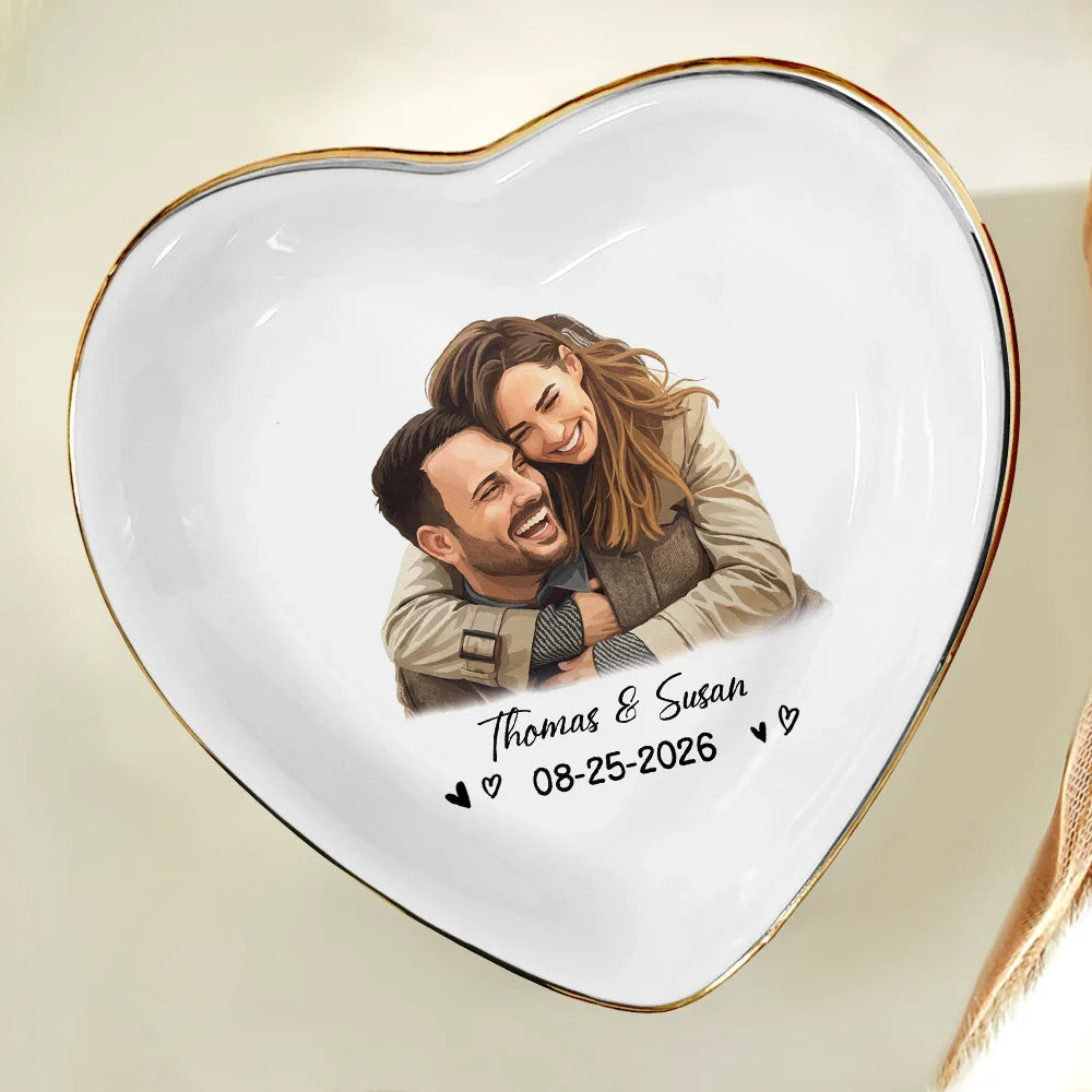 Custom Photo Semi Realistic Portrait Happy Couple Anniversary - Personalized Ring Dish