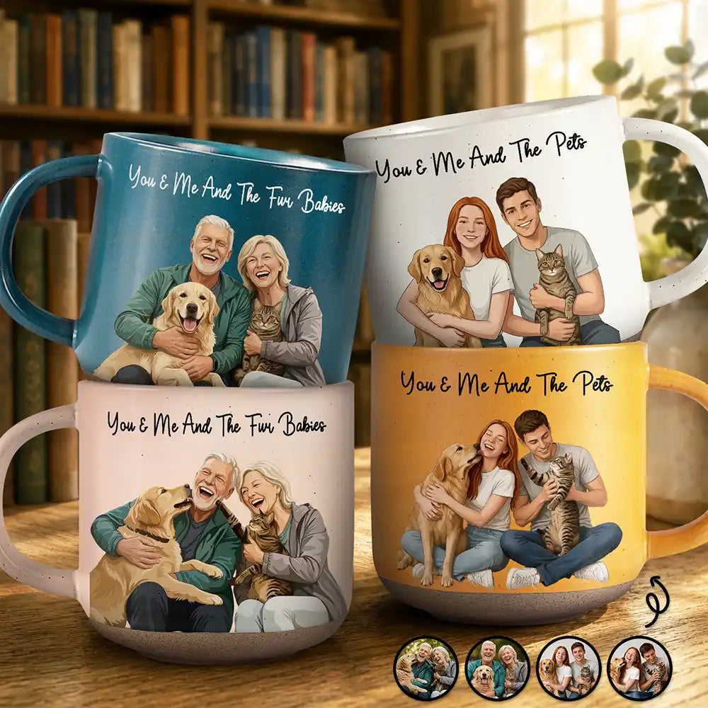 Custom Photo Semi Realistic Portrait You & Me And The Dogs Cats - Personalized Pottery Mug
