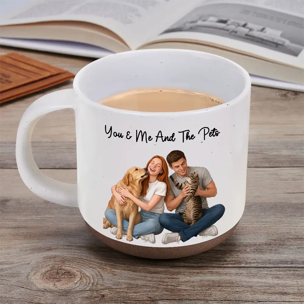 Custom Photo Semi Realistic Portrait You & Me And The Dogs Cats - Personalized Pottery Mug
