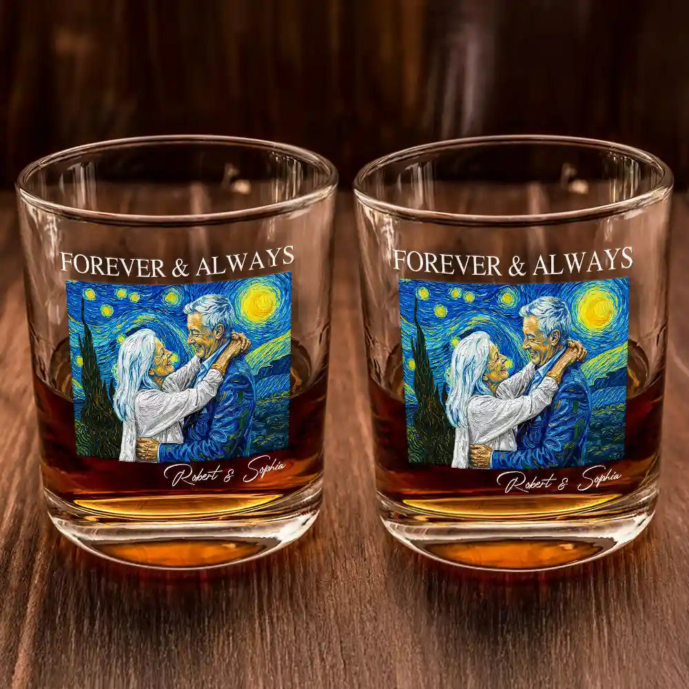 Custom Photo Starry Night Forever & Always Couple Anniversary - Personalized Whiskey Glass
