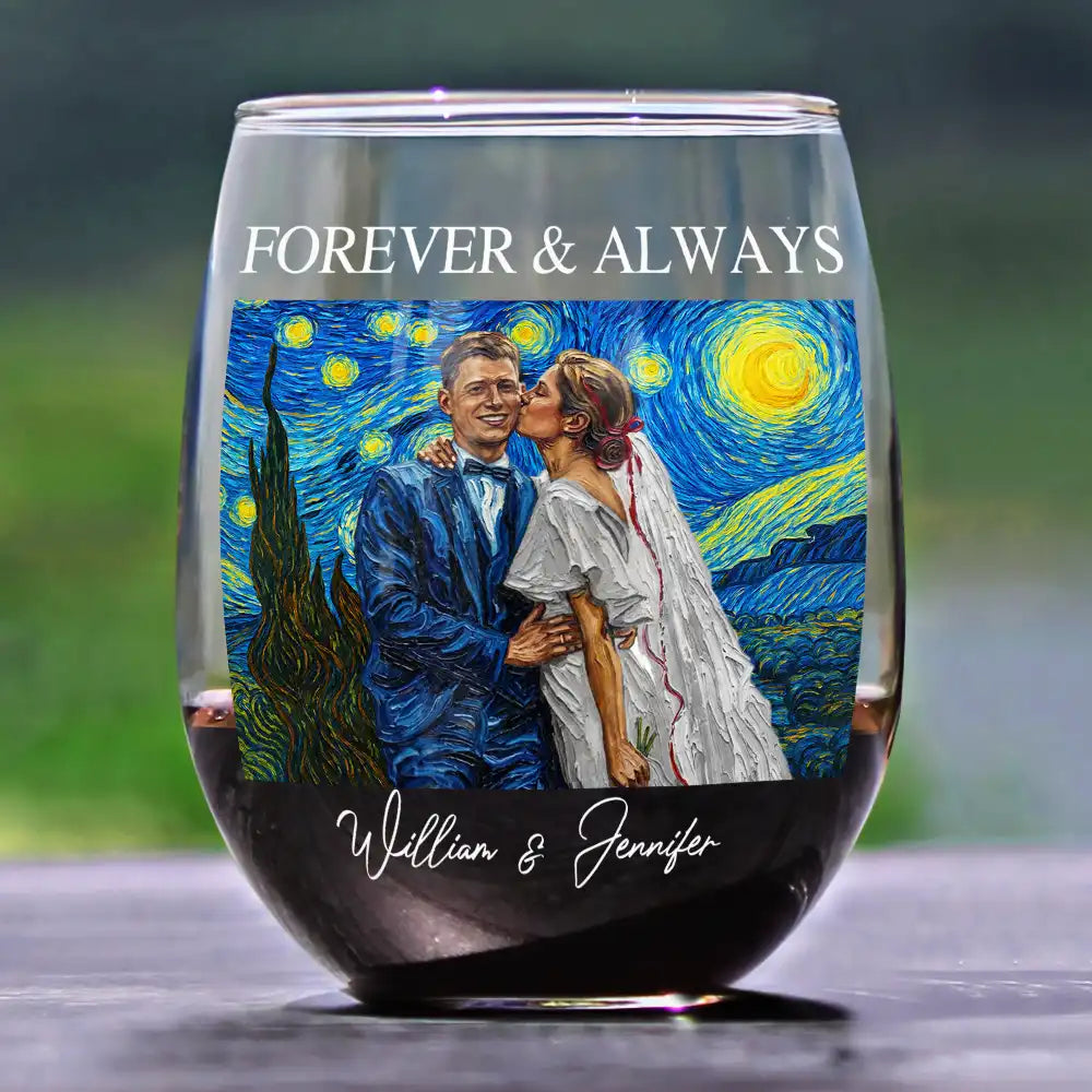 Custom Photo Starry Night Forever & Always Couple Anniversary - Personalized Stemless Wine Glass