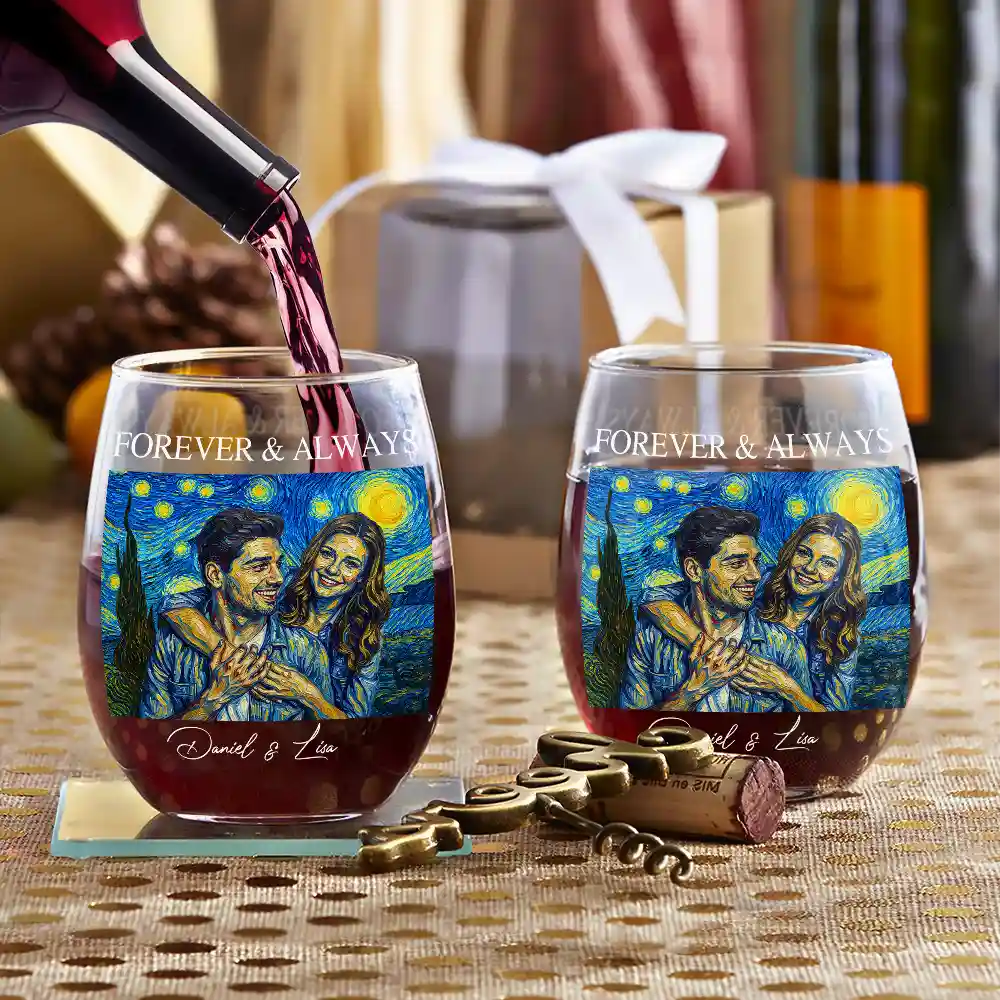 Custom Photo Starry Night Forever & Always Couple Anniversary - Personalized Stemless Wine Glass