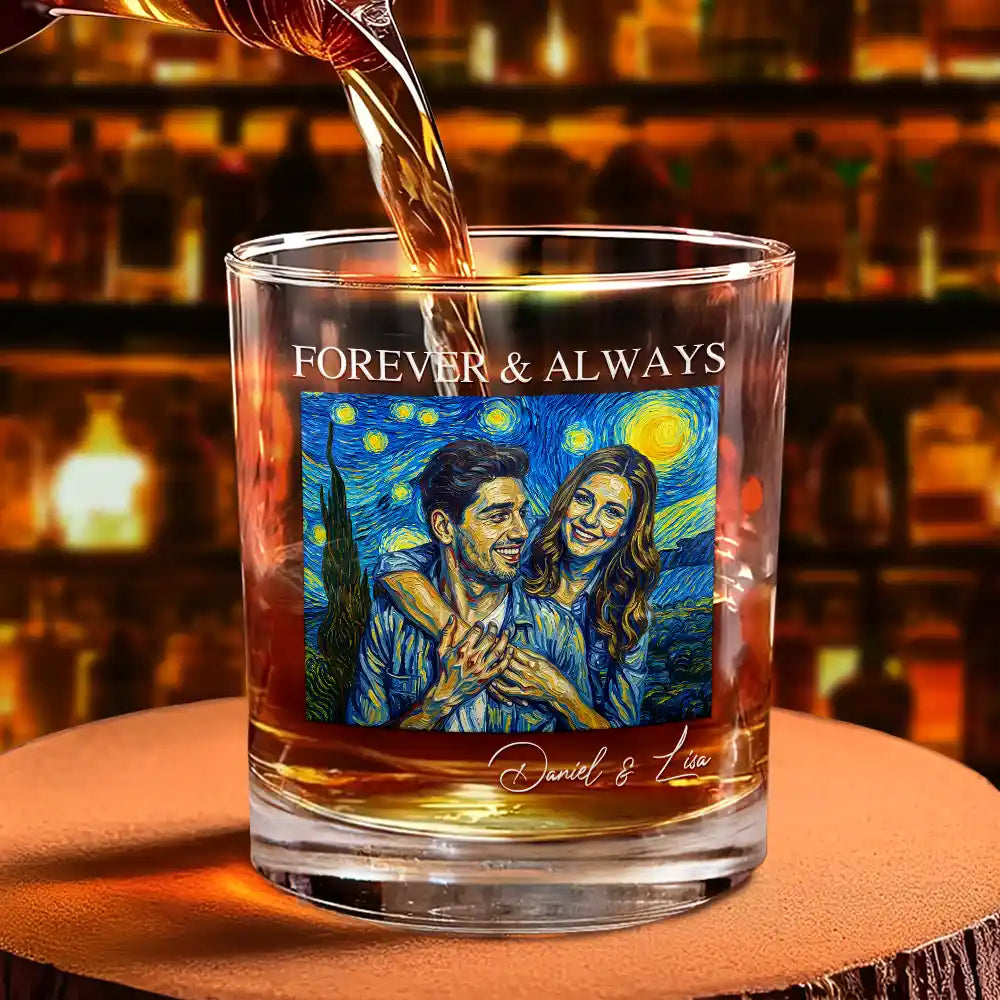 Custom Photo Starry Night Forever & Always Couple Anniversary - Personalized Whiskey Glass