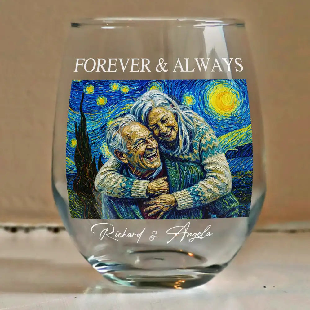 Custom Photo Starry Night Forever & Always Couple Anniversary - Personalized Stemless Wine Glass
