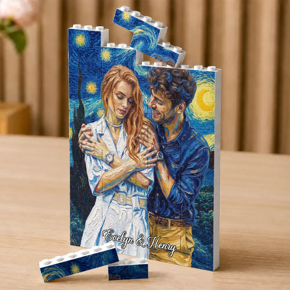 Custom Photo Starry Night Romantic Couple Anniversary - Personalized Building Brick Blocks